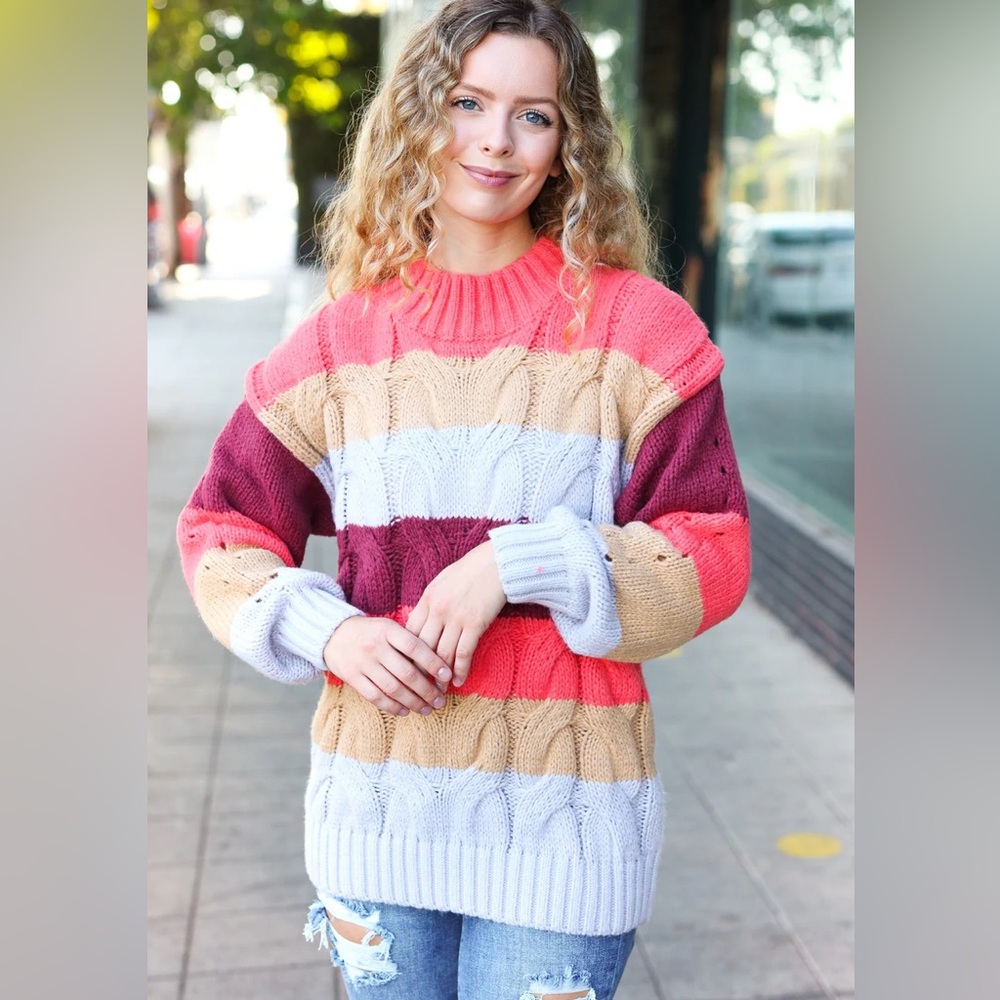 Striped Heavy Cable Knit High Collar Sweater, medium, relaxed fit